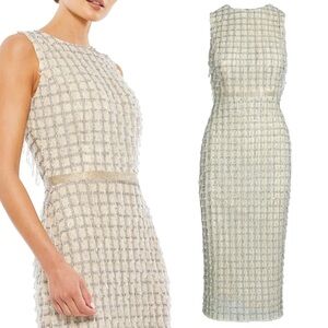 Mac Duggal #5471 Beige Sleeveless High Neck Beaded Midi Sheath Dress